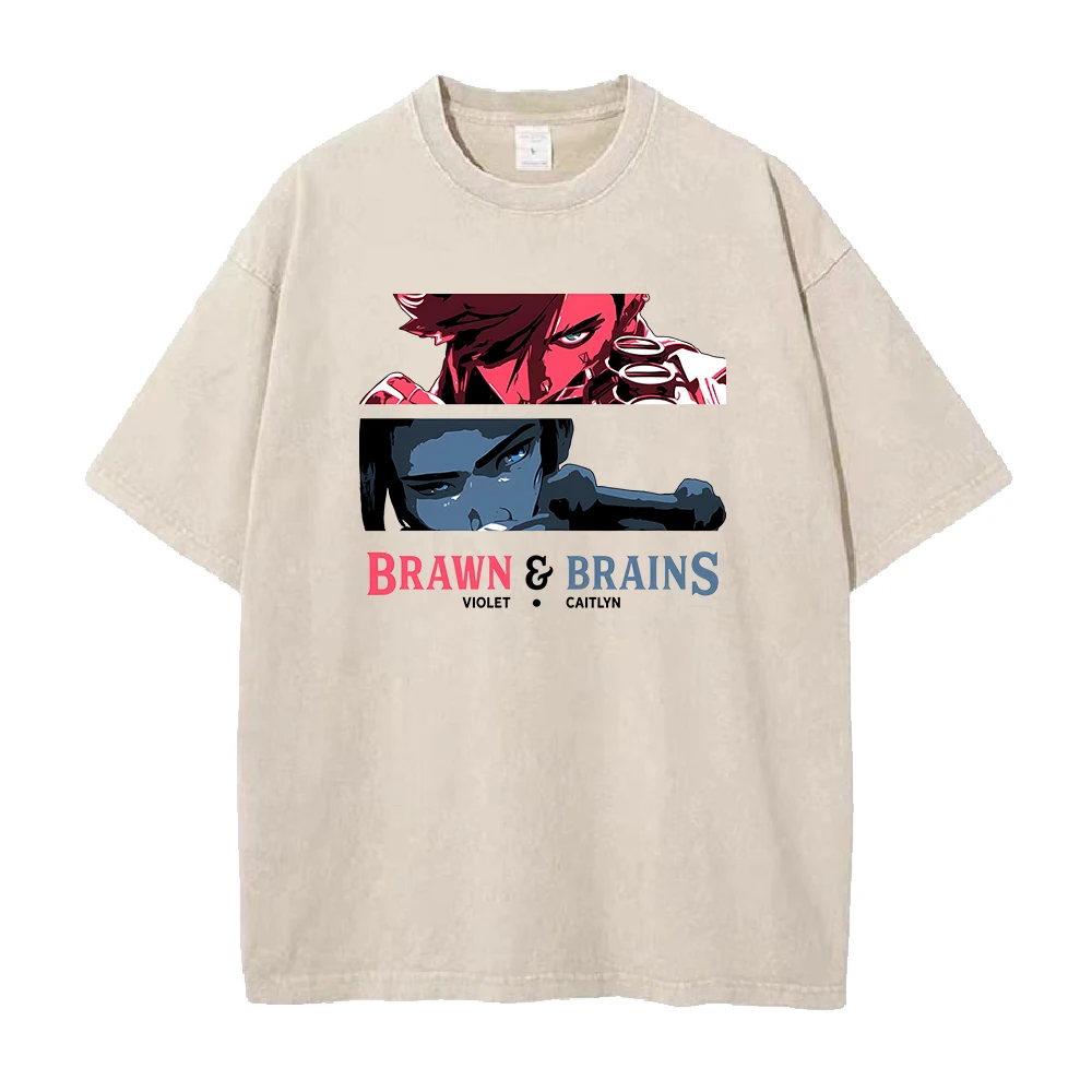 Anime Arcane Vi And Caitlyn Graphic Washed Tee Men Women Comfortable T-shirts Plus Size Cotton T Shirt Harajuku Male Tshirt