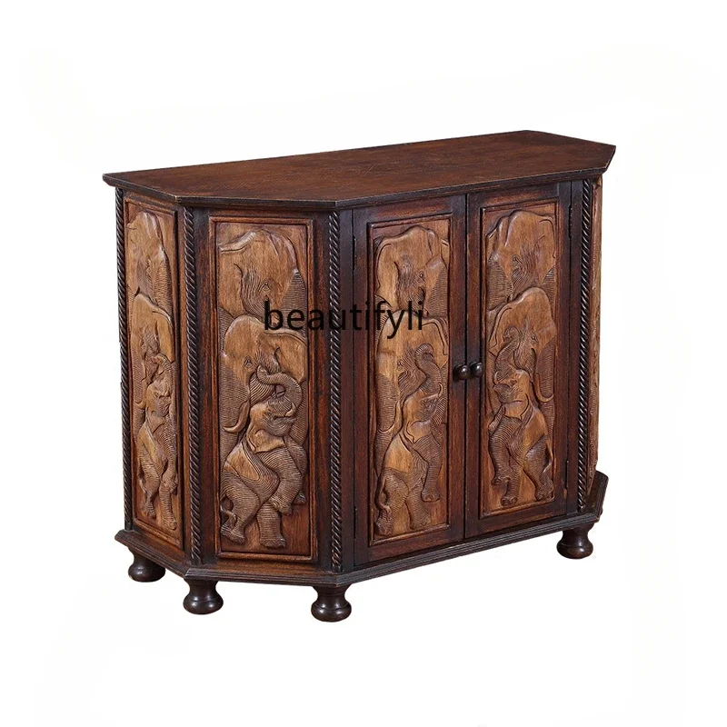 

Thai Elephant Relief Teak Cabinet Entrance Cabinet Solid Wood Decorative Locker