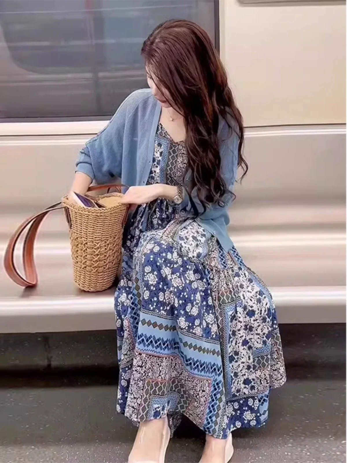Fashionable Knitted Open Cardigan Top And Floral Halter Dress Two Piece Set Autumn New Arrival Women's Clothing Ensemble