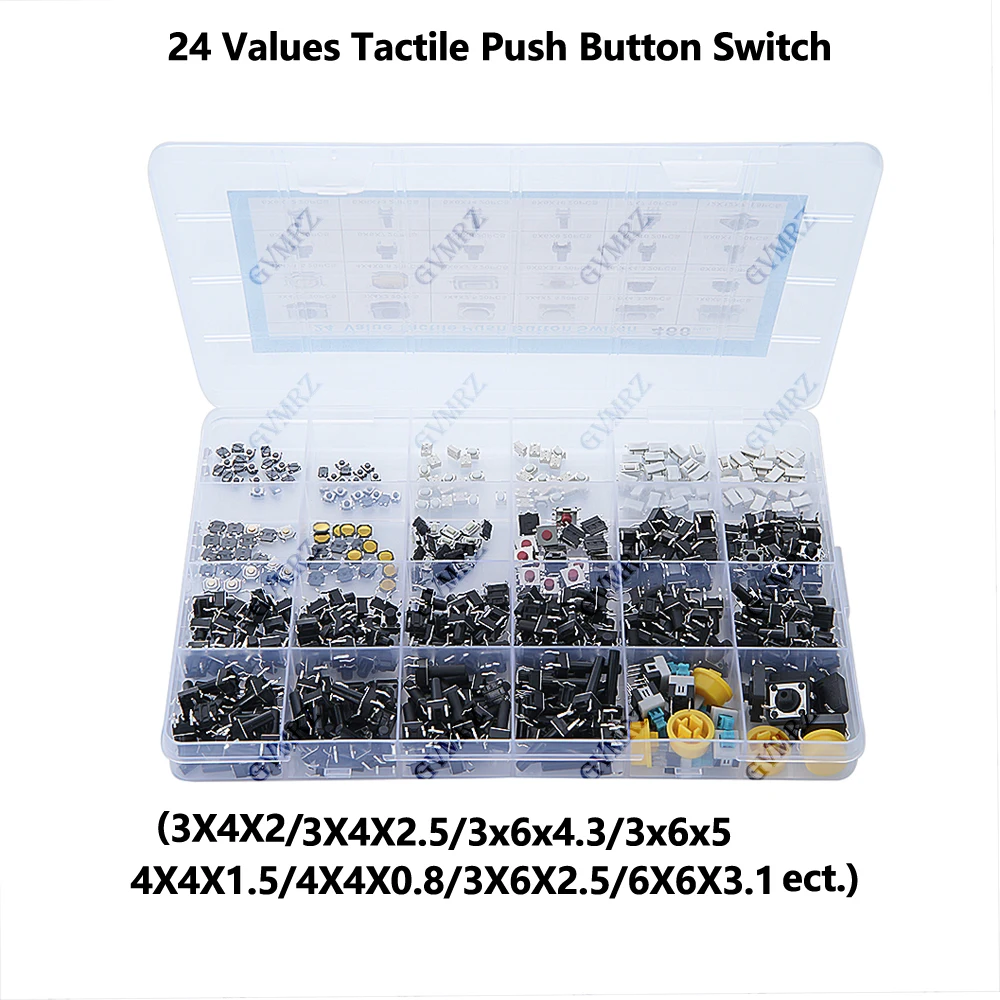 460PCS 24 Values Tactile Push Button Switch SMD Micro Momentary Tact Switch Assortment Kit for Car Remote Control with Box 3X4X2