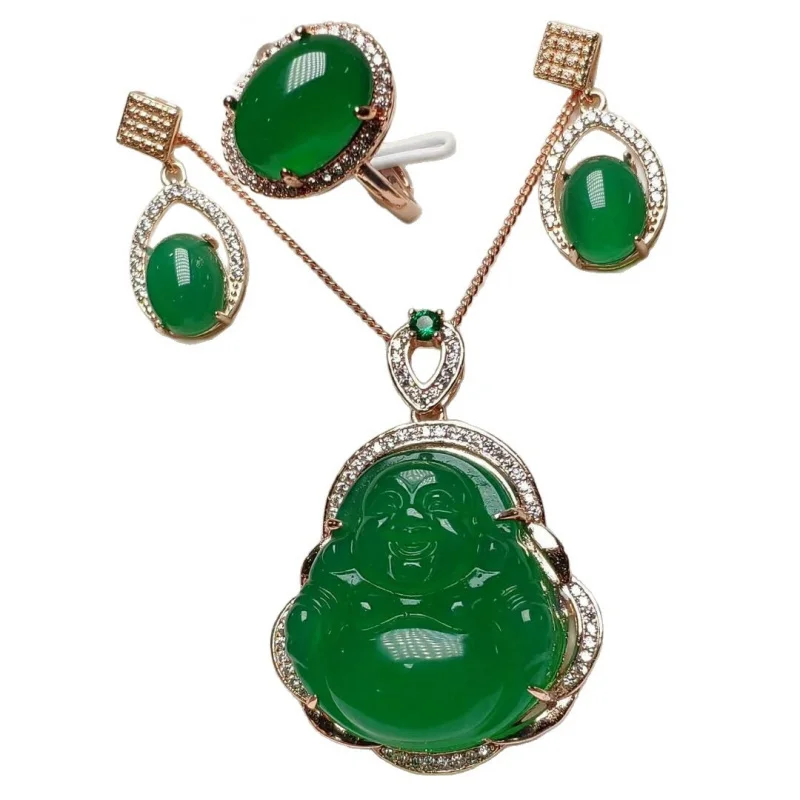 High-quality rose gold inlaid chalcedony Buddha , green agate earrings and ring three-piece set view 4