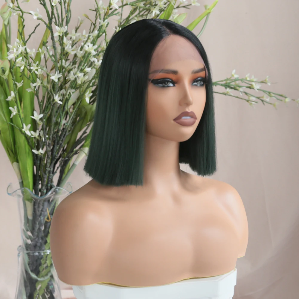 X-TRESS Ombre Green Color 10 inch Short Bobo Hair Synthetic Middle Part Lace Front Wig for Women Yaki Straight Customized Wig