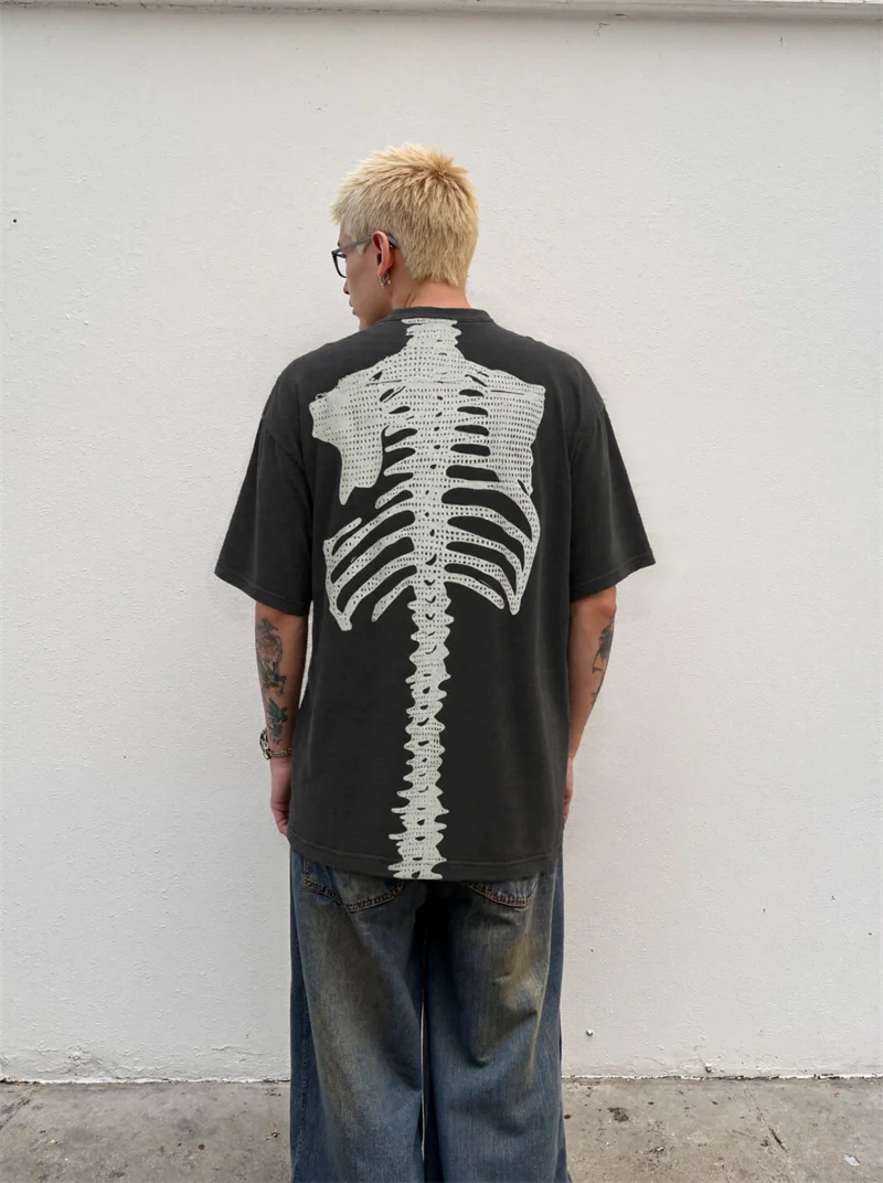 Vintage Saint Summer New Skeleton Pattern Printed Water Washed Pure Cotton T-shirt High Street Casual Loose Men's Oversize Top