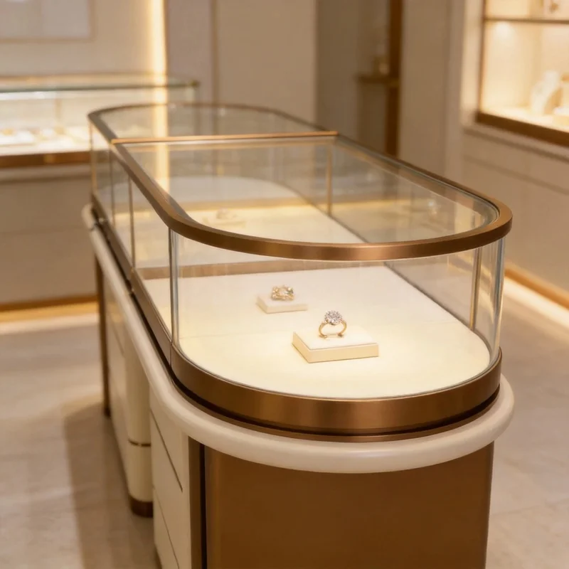 custom.Luxury Rose Gold Stainless Steel Curved Jewelry Display Counter Minimalist Boutique Shopfitting Showcase with Floating LE