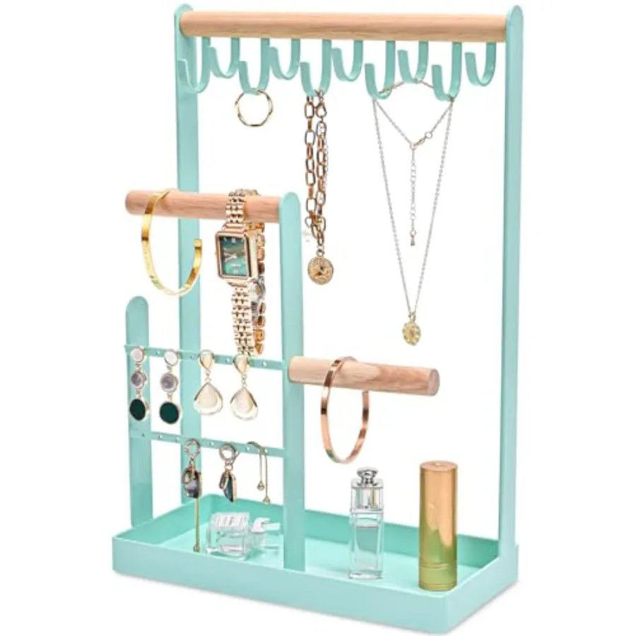 

Jewelry Stand Holder Organizer 4-Tier Necklace Holder with Ring Tray 10 Hooks Necklaces Hanging Small Jewelry Display Storage T
