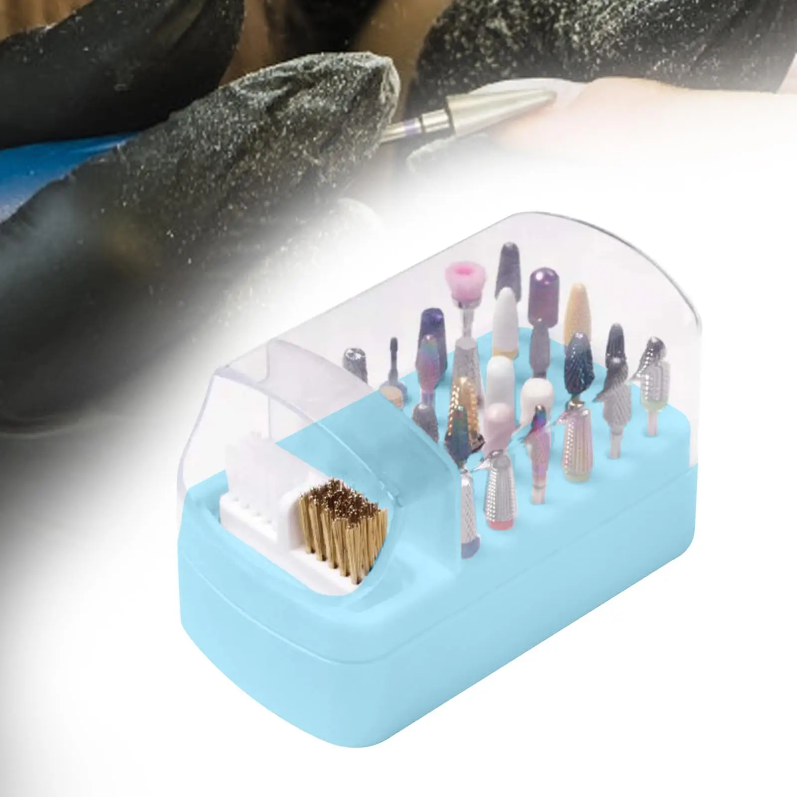 Portapunte per unghie antipolvere Scatola portaoggetti con coperchio trasparente Supporto per punte da trapano portatile con pennello per accessori per adesivi per nail art