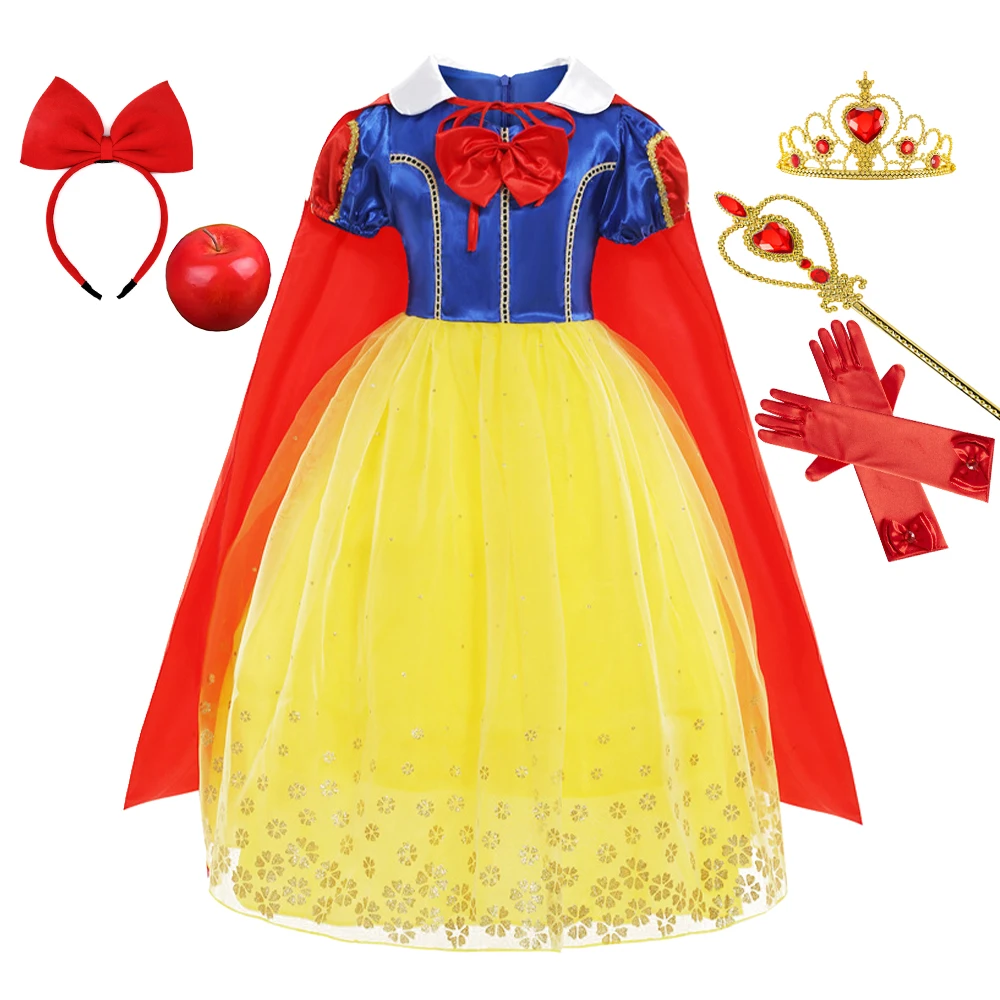 

Платье Белоснежки для косплея для девочек, желтый роскошный кружевной костюм с плащом, аксессуары для праздника, дня рождения, яблока, От 3 до 10 лет