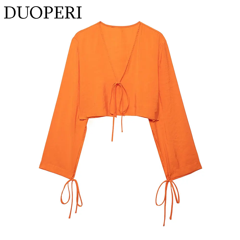 DUOPERI Women Fashion Solid Lace Up Draped Cropped Shirt V-Neck Long Sleeves Female Chic Lady Casual Short Blouse