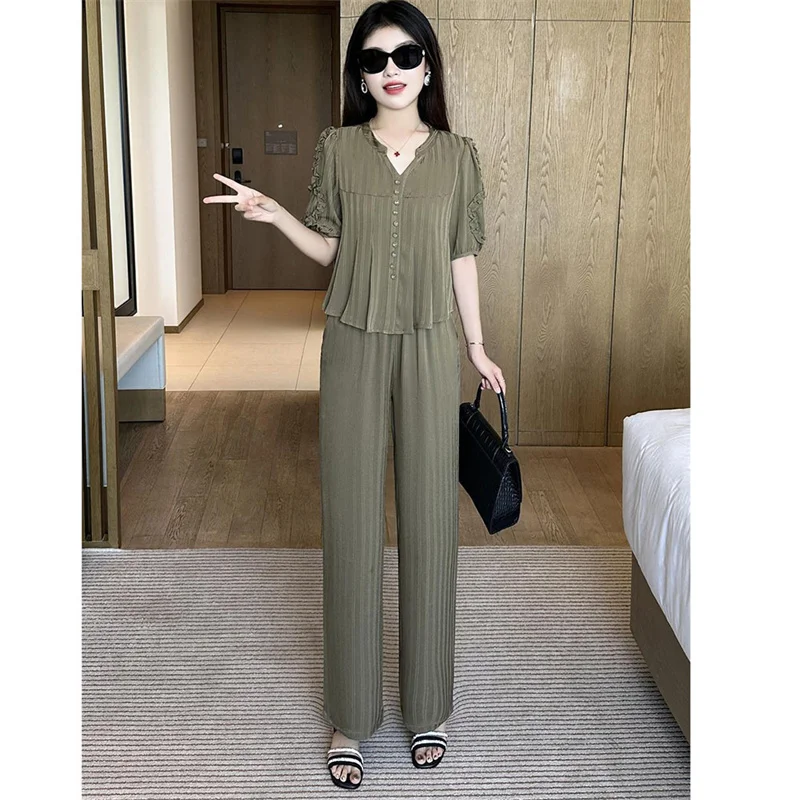 Korte Mouwen Oversized Afslankende Stijlvolle Casual Zomer Set Koreaanse Versie Zonwering Pak Voor Vrouwen Shirt + Broek Tweedelige Set