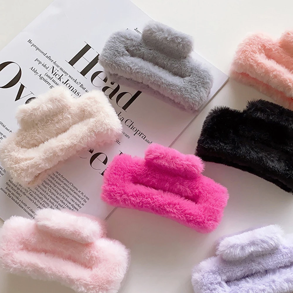 Plush Colorful Hair Claw Faux Fur Square Large Hair Clip Soft Warm Handmade Furry Grab Clip Headwear For Women Hair Accessories