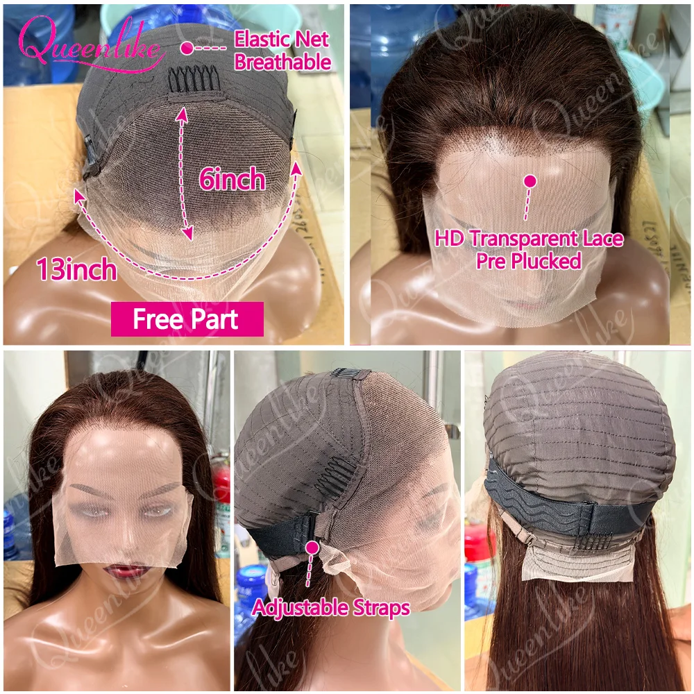 Queenlike Chocolate Brown Straight Human Hair Wig 13x6 Transparent HD Lace Frontal Pre Plucked Natural Hairline Wig For Women