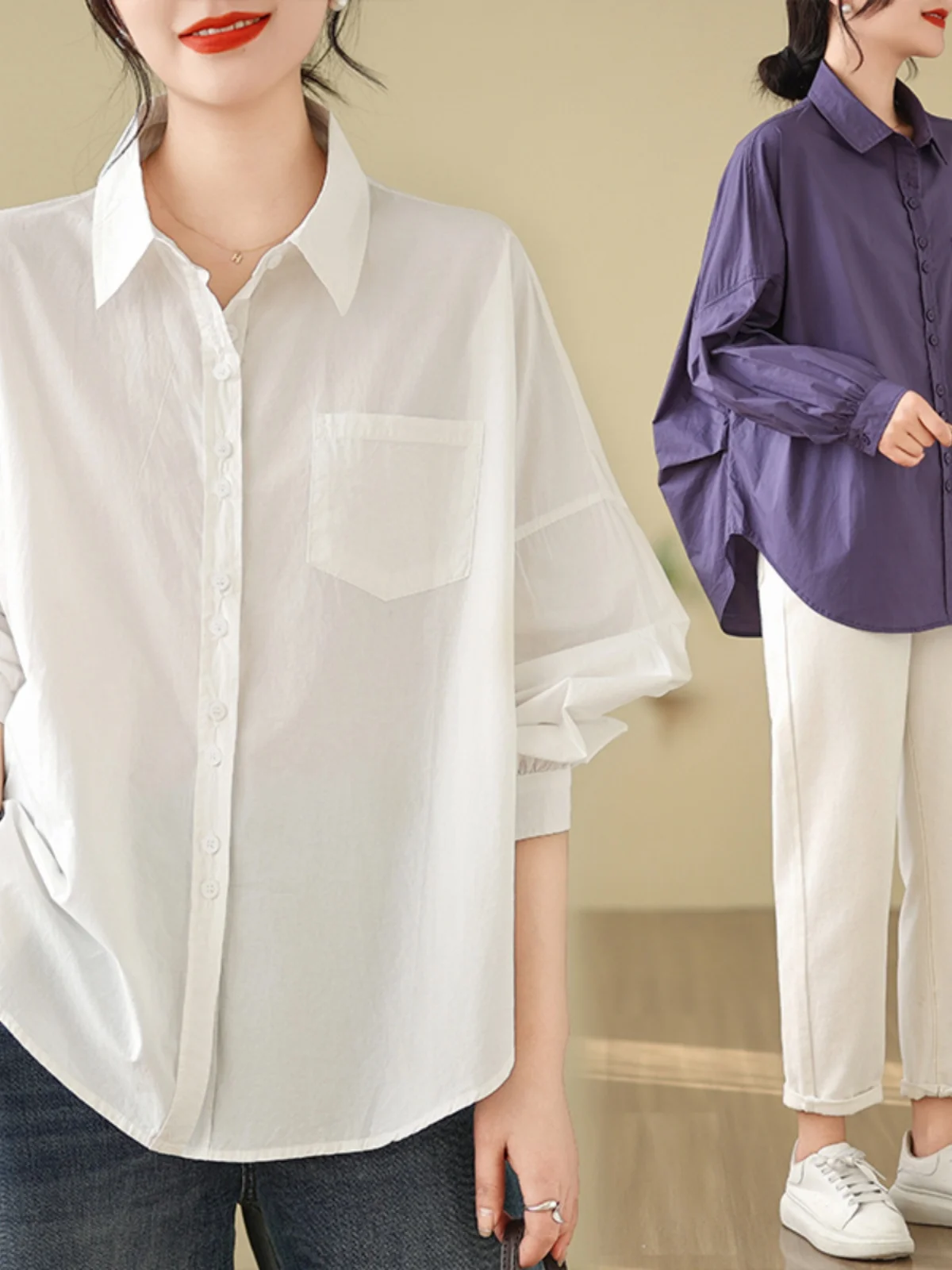 

plus Size Women's Faion Slimming Spring irt Loose Long Sve Collar Premium Feel Top Ele Casual Sle