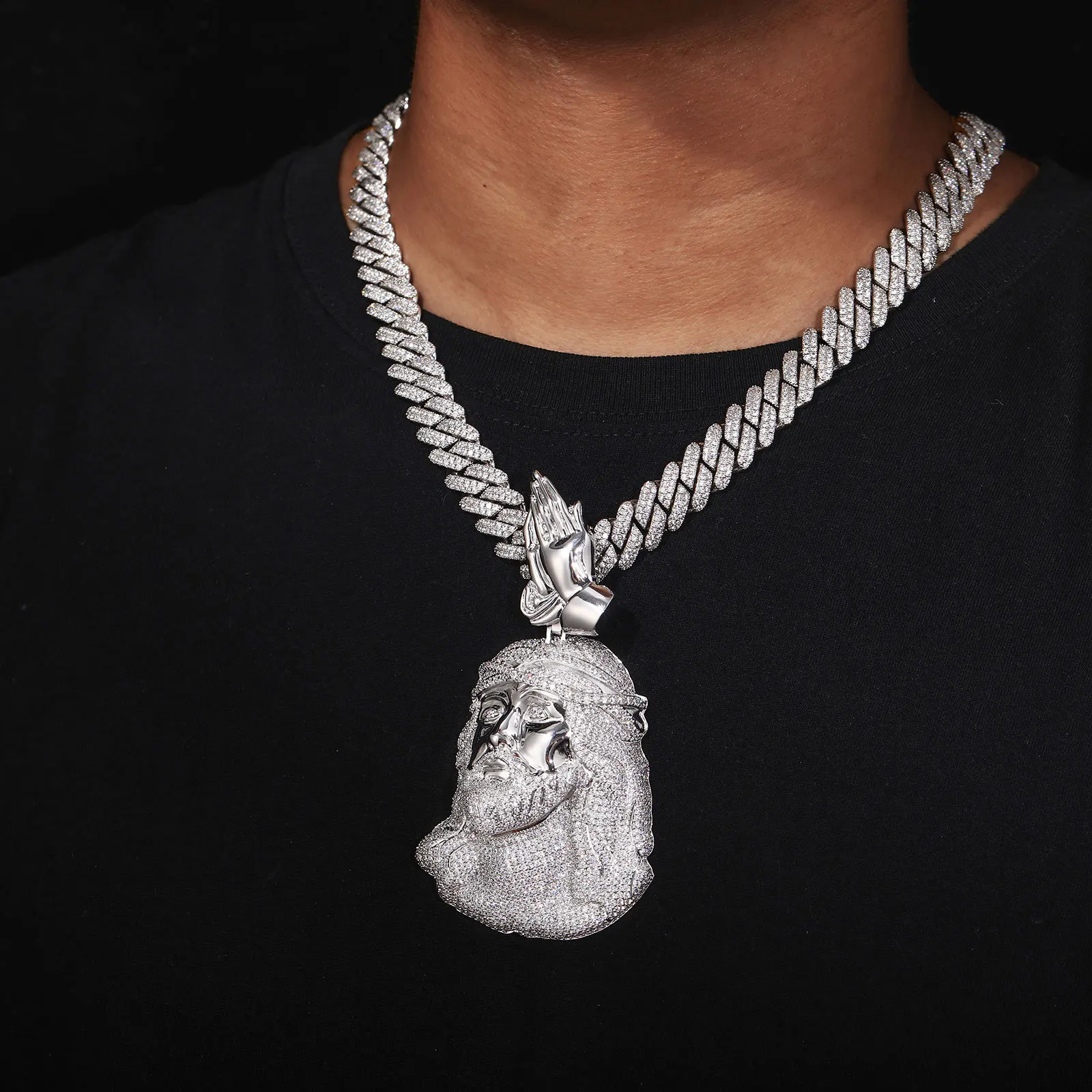 Iced Out Jesus Head Pendant Necklace Praying Hands Design Hip Hop Full Zircon Unisex Cuban Chain NightclubRapper Accessory pearl