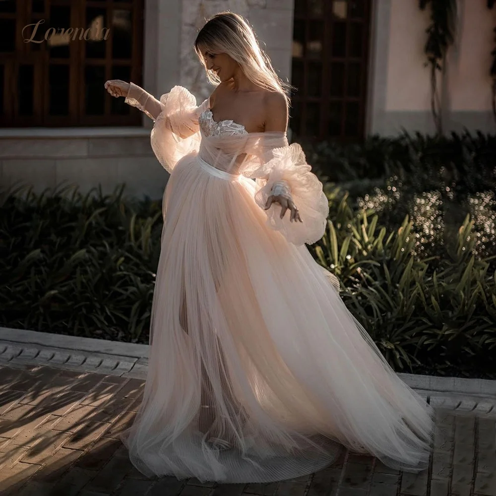 Lorencia Sweetheart Brautkleider aus plissiertem Tüll für den Strand, schulterfrei, lange Ärmel, A-Linie, Boho-Brautkleider, individuell gestaltet