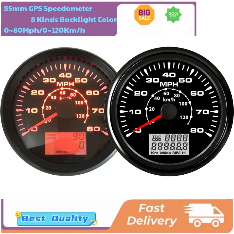 

Auto Speedometers Modified 85mm 0-80MPH GPS Speed Odometers Waterproof Speed Indicators 0-120km/H with 8 Kinds Backlight Color
