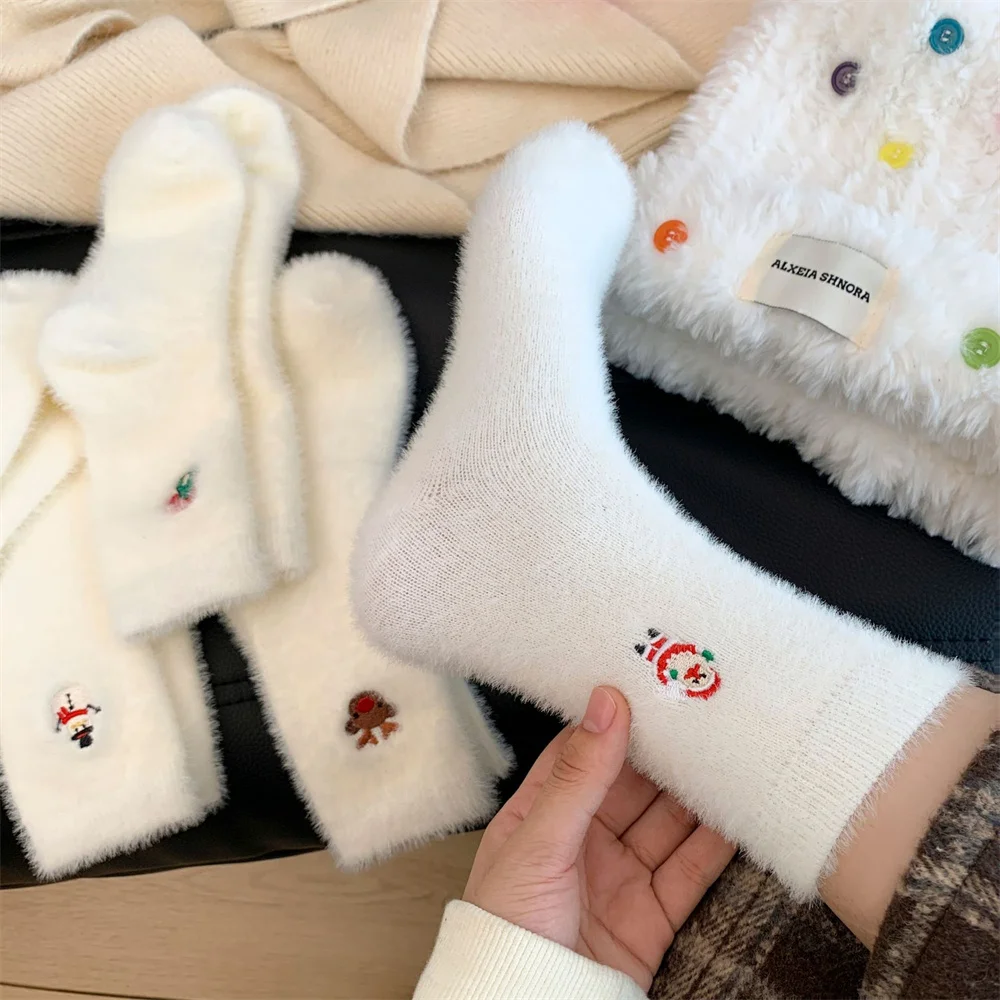 Autumn And Winter Socks, White Mink Fur Christmas Socks, Snowman Santa Claus Christmas Tree Elements, Thickened Warm Socks