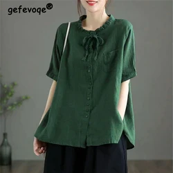 Women's Clothing Ruffled Collar Lace Up Vintage Cotton Button Up Shirt Summer Trendy Short Sleeve Loose Blouse Solid Casual Tops