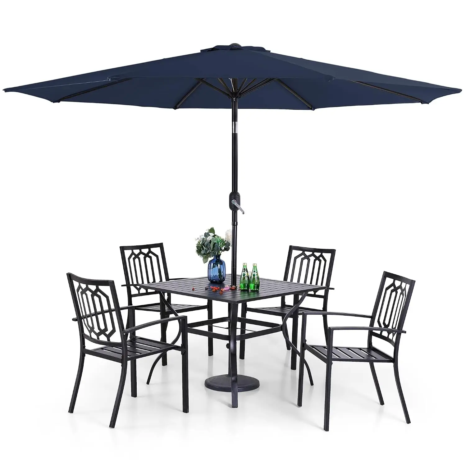 5-Piece Patio Dining Set with 9ft Umbrella, 4 Stackable Metal Chairs & 37