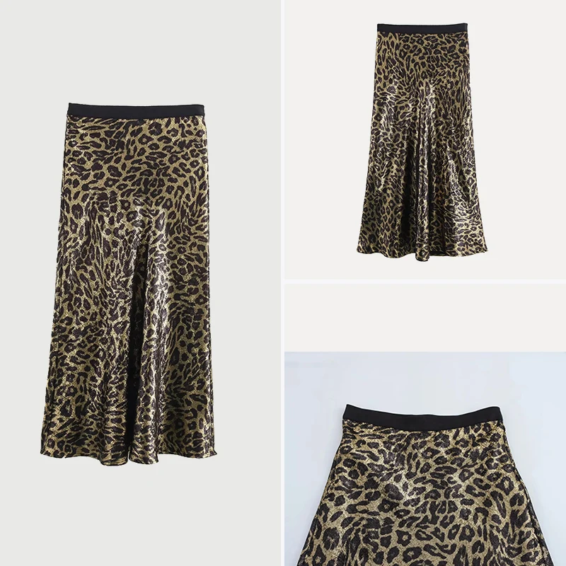 

Z Spring New Women's Long Gold-Stamped Leopard Print Double Layer 45 Deee Oblique Cut Elastic Waist Skirt