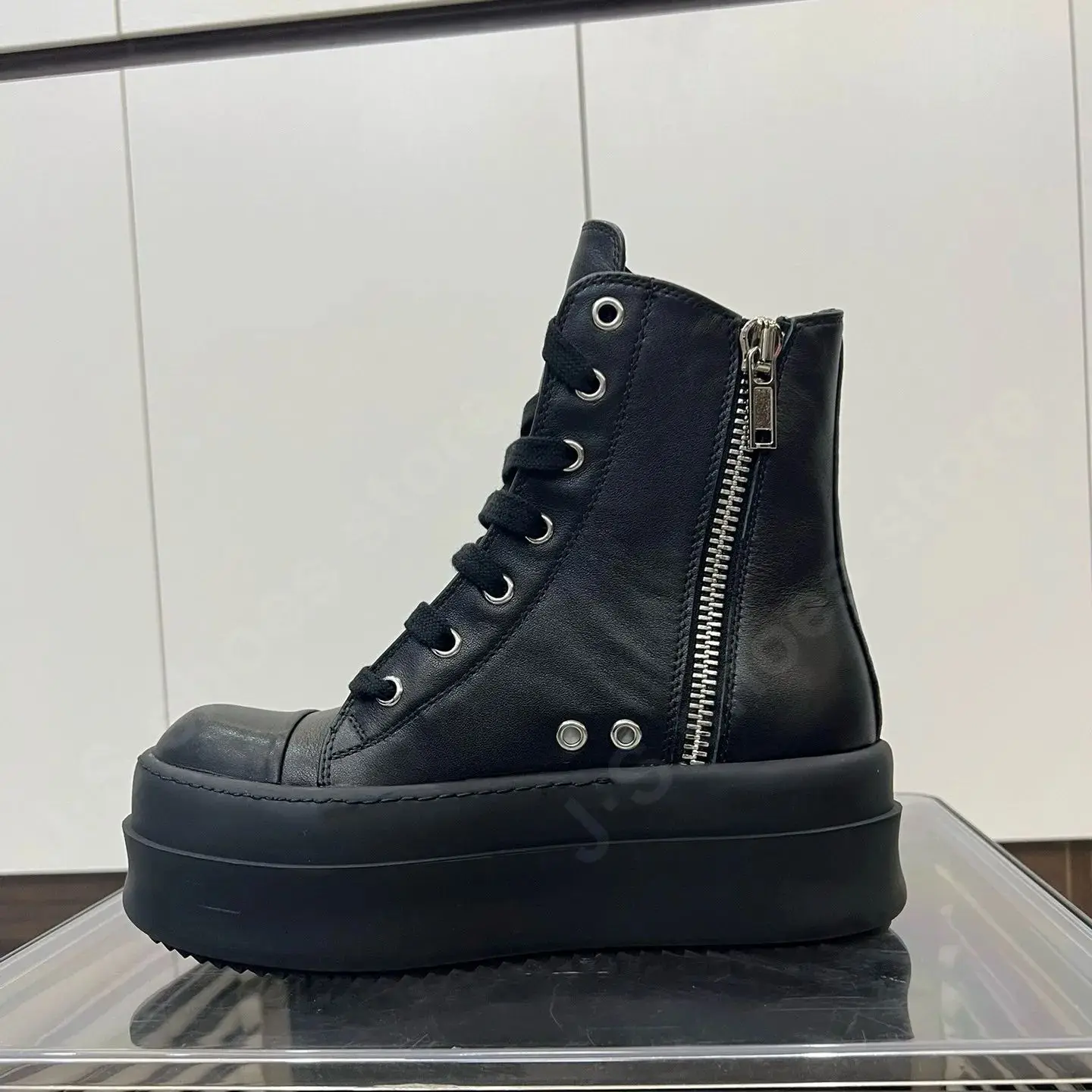 

Ricks Men Shoe Ankle Boot Women Sneaker Owens High Top Casual Shoes Zip Lace Up 6cm Thick Sole Shoe Full Black Leather Sneakers