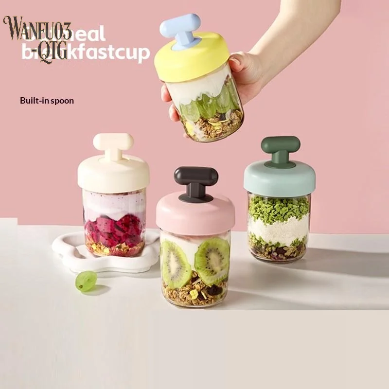 Hot Sale High Value Transparent Glass Oat Cup With Lid And Spoon Good Sealing With Scale Multicolor Optional Breakfast Cup