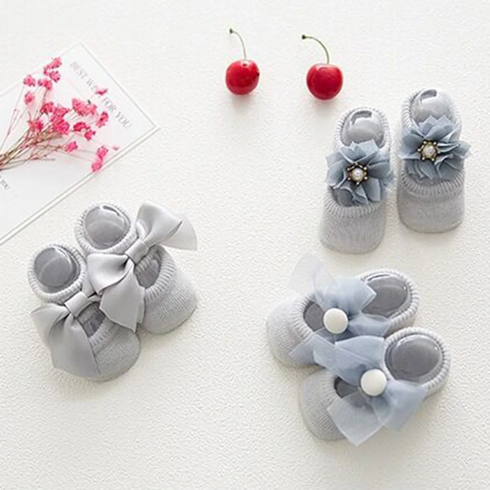 3 pares de calcetines de bebé para recién nacido, color gris, talla M, antideslizantes, suaves, transpirables, calcetines de algodón para caminar