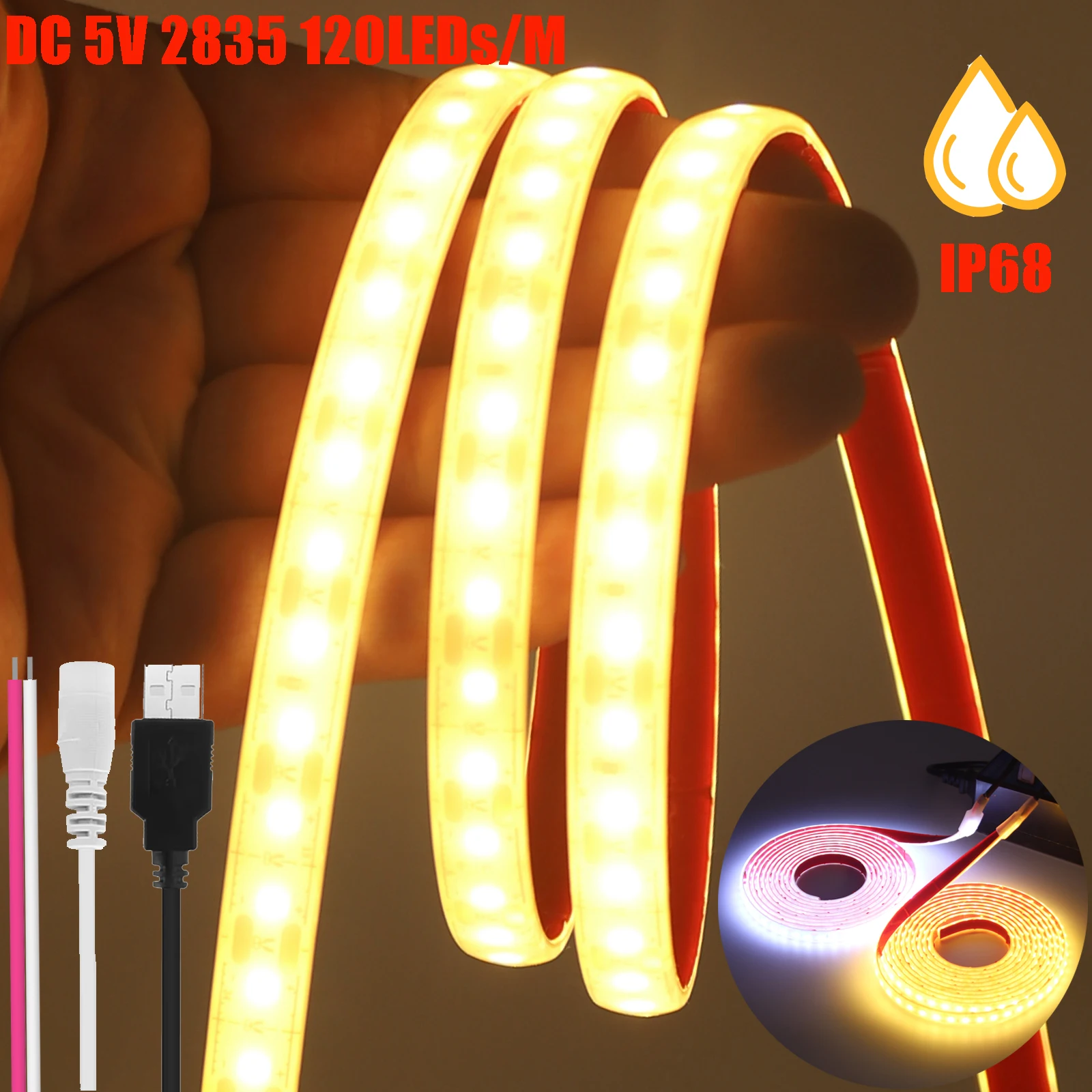 

5V LED Strip Light IP68 Waterproof Flexible LED Tape with 2pin/DC/USB Wire 2835 120LEDs/M Brightness Rope Light Ribbon Adhesive