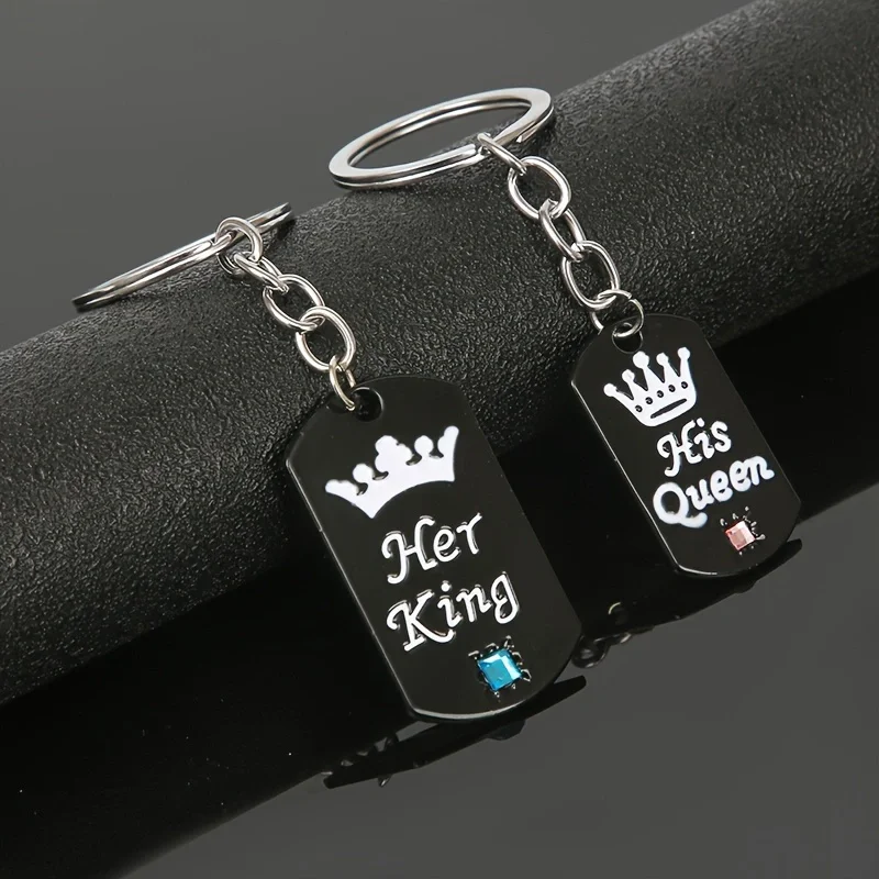 1Pair Her King & His Queen Couple Keychain for Men Women Black Metal Crystal Crown Key Chain Ring Holder Valentine's Day Gifts