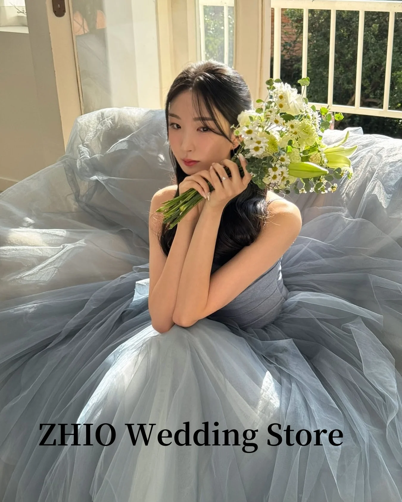 ZHIO Dusty Blue Tulle Wedding Party Dresses Korea Photo shoot A Line Spaghetti Straps Evening Gowns Formal Occasion Customized