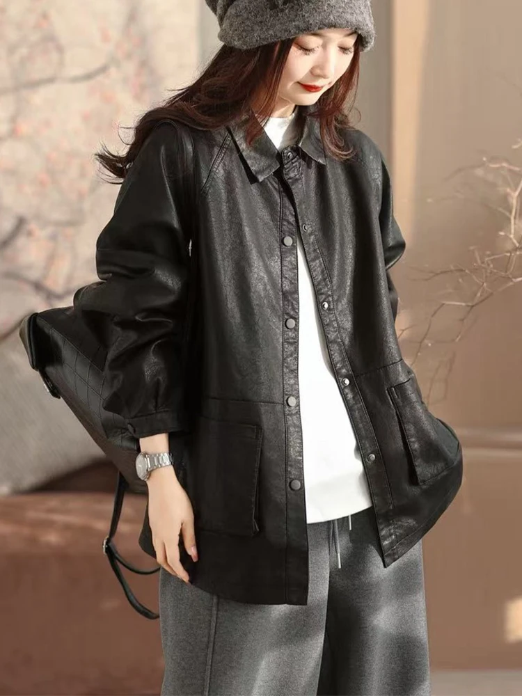 Amax LuluE 2026 春 レディース 韓国ファッション フェイクレザーコート ルーズ ヴィンテージ PUジャケット レディース カジュアル クラシック バイカージャケット アウターウェア