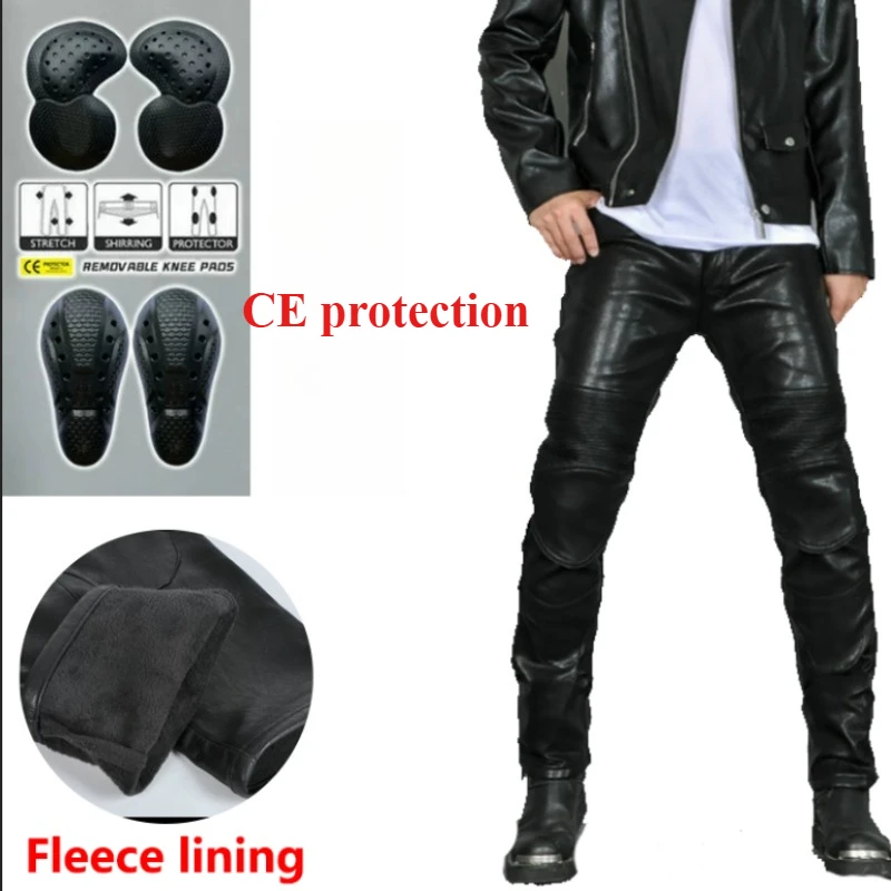 

VOLERO Winter Men Motorcycle Riding Pants Plus Velvet Windproof Waterproof PU Leather Motocross Trousers with CE Armor Pads