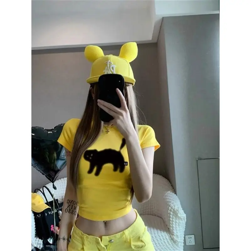 

Yellow Straight Shoulder Round Neck T-shirt Women's Summer Dopamine Pure Cotton Short-sleeved Hot Girl Cropped Top