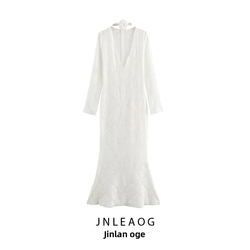 Faionable 3D Floral Ne Ring verziert V-Ne Dr Ele Damenbekleidung Design Polyesterfaser Long Sve Casual Dr