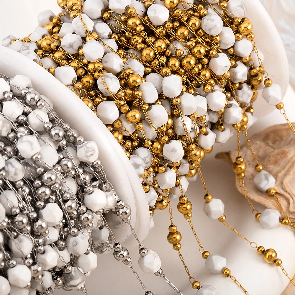 Łańcuszek ze stali nierdzewnej o długości 0,5 metra i 1 metra z nieregularnymi koralikami z kamienia do samodzielnego tworzenia naszyjników w stylu boho, ręcznie robionych bransoletek i materiałów do wyrobu biżuterii.