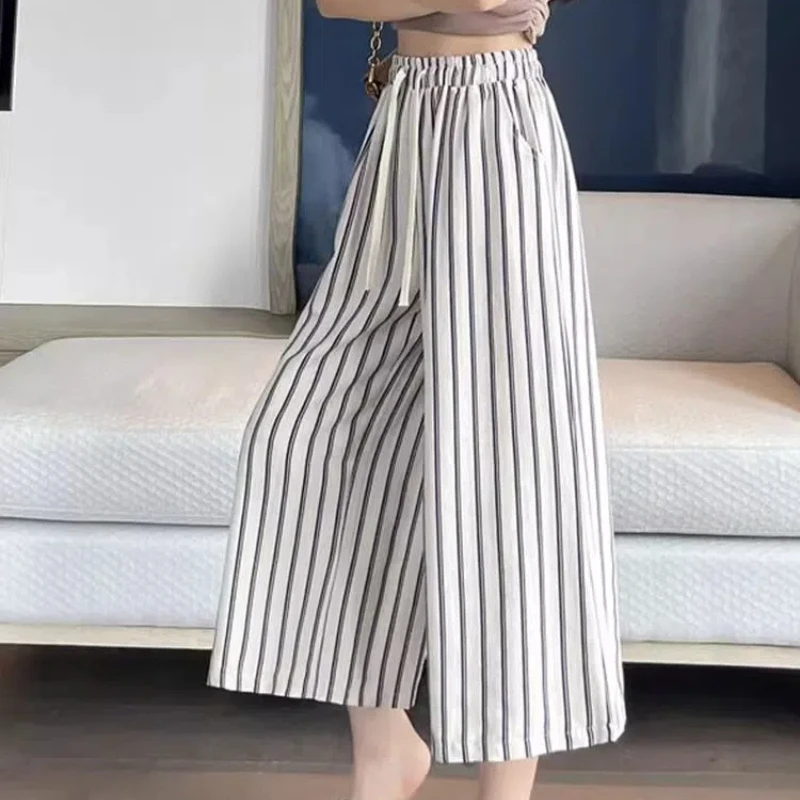 

Ice Striped Wide Leg Women's 2024 Summer New Spliced Elasticized High-waisted Casual Eight Quarter Straight Leg Sports Pants