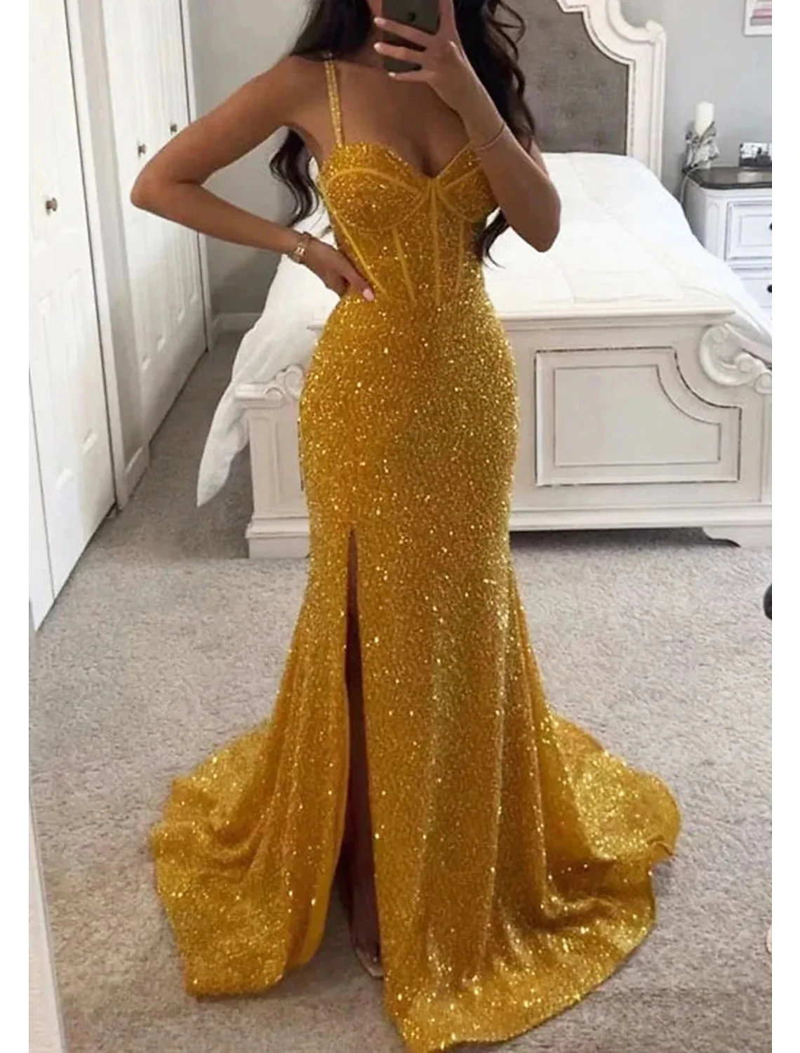 

Mermaid&Trumpet Sequin Prom Dress Sleeveless Backless Sexy Formal Dress Sweet Heart Neck with Slit Sweep/Brush Train
