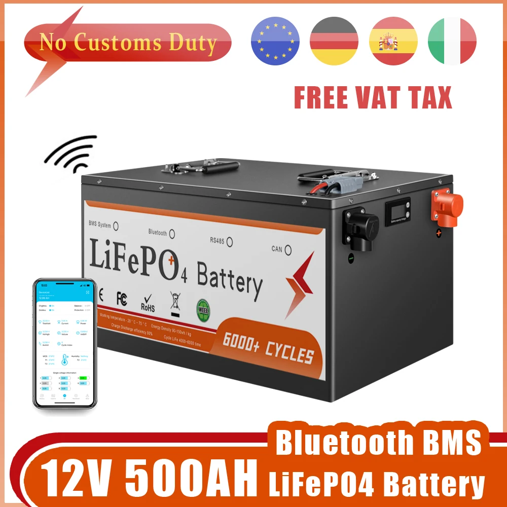 

12V 200Ah 300Ah 500Ah LiFePO4 Battery Pack Built-in Bluetooth BMS 6000 Cycle For Solar Household Storage inverter RV Boat No Tax