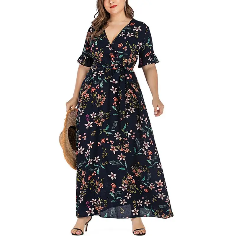 Gaun bermotif renda kerah V wanita, lengan melebar, ikat pinggang modis ukuran plus, kualitas seksi, gaya musim panas baru,