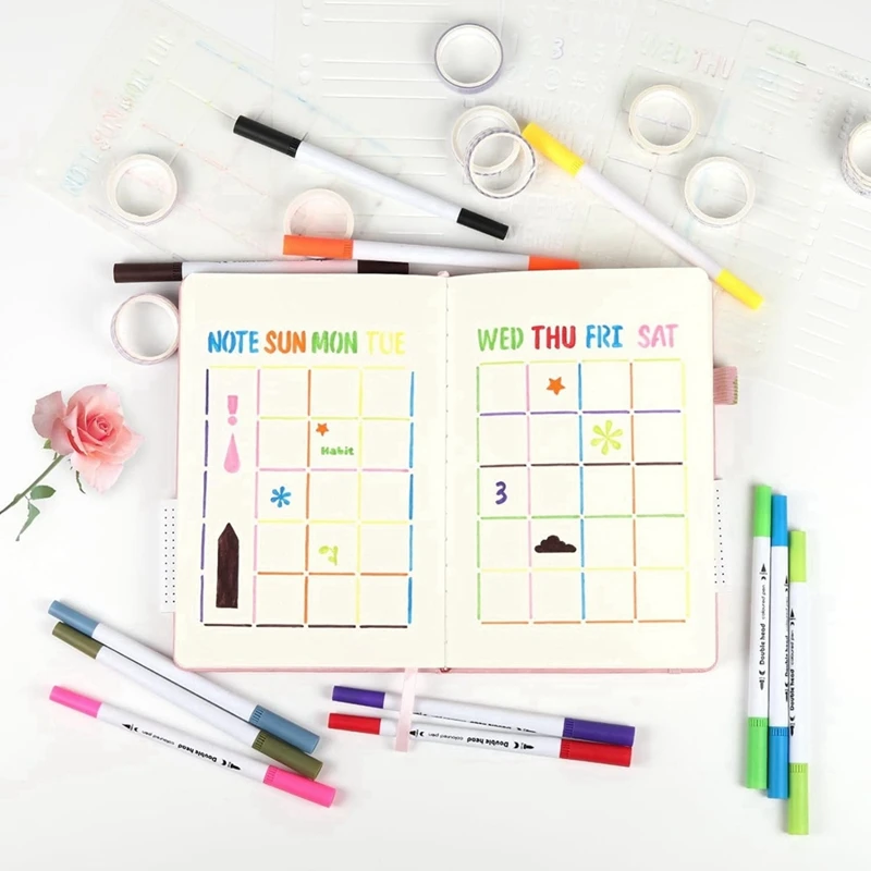 Bullet Dotted Journal Kit-Dual Tip Brush Markers, Washi Tape, And Stencils For Women, Men, And Teen