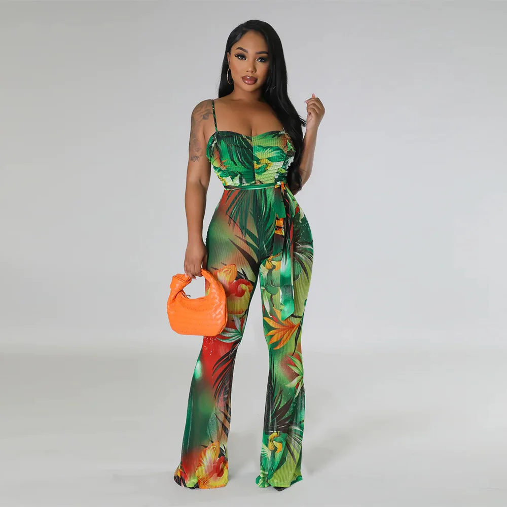 Women Printed Spaghetti Strap Backless Sleeveless Jumpsuit Sexy Summer Bell-bottoms Pants Jumpsuit Summer Beach Wear