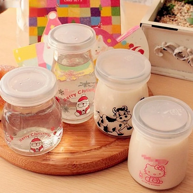 Cartoon Glasses Pudding Clear Wishing Bottle Milk Bottles Cup Christmas Cat Cow Pattern Yogurt Party Supplies Decor Candy Jar