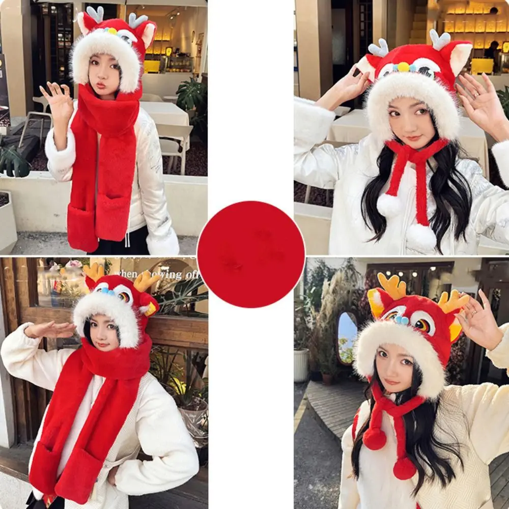 Fashion Ear Muffs Lion Dance Beanies Hat Tassels Thickened Winter Plush Warm Hat Lace Up Soft Scarf Gloves Hat Streetwear