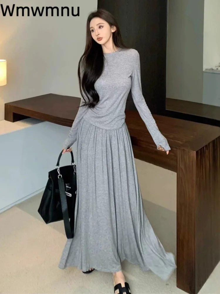 

Тонкая женская повседневная прямая юбка Conjuntos с круглым вырезом и длинными рукавами, корейская мода, элегантная мешковатая плиссированная юбка, комплект из 2 предметов