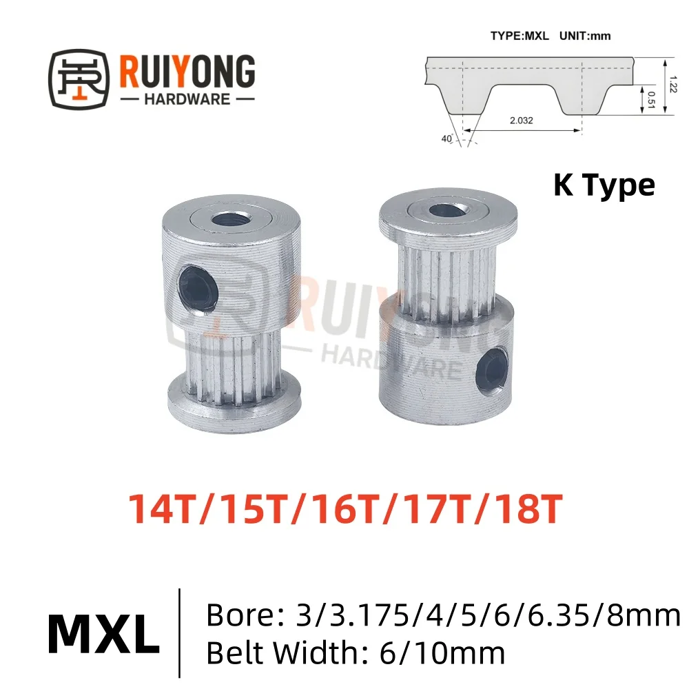 

14T/15T/16T/17/18Teeth MXL Timing Pulley Bore 3/3.175/4/5/6/6.35/8 for 6/10mm Width Belt Used In Linear Pulley