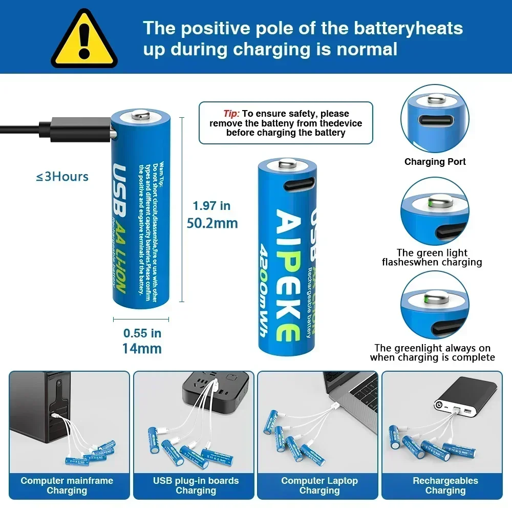 AIPEKE AA1.5V 4200mWh Rechargeable Batteries AA USB lithium battery for Game Machine Mouse Massager Mouse Metal Metal Intercom