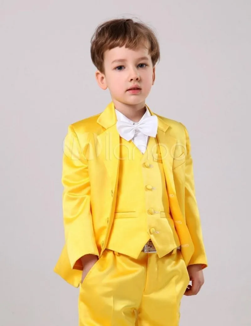 Ternos de menino de tecido de cetim amarelo/rosa quente conjunto infantil entalhe lapela anel portador 3 peças (jaqueta + calça + colete + gravata borboleta) D509