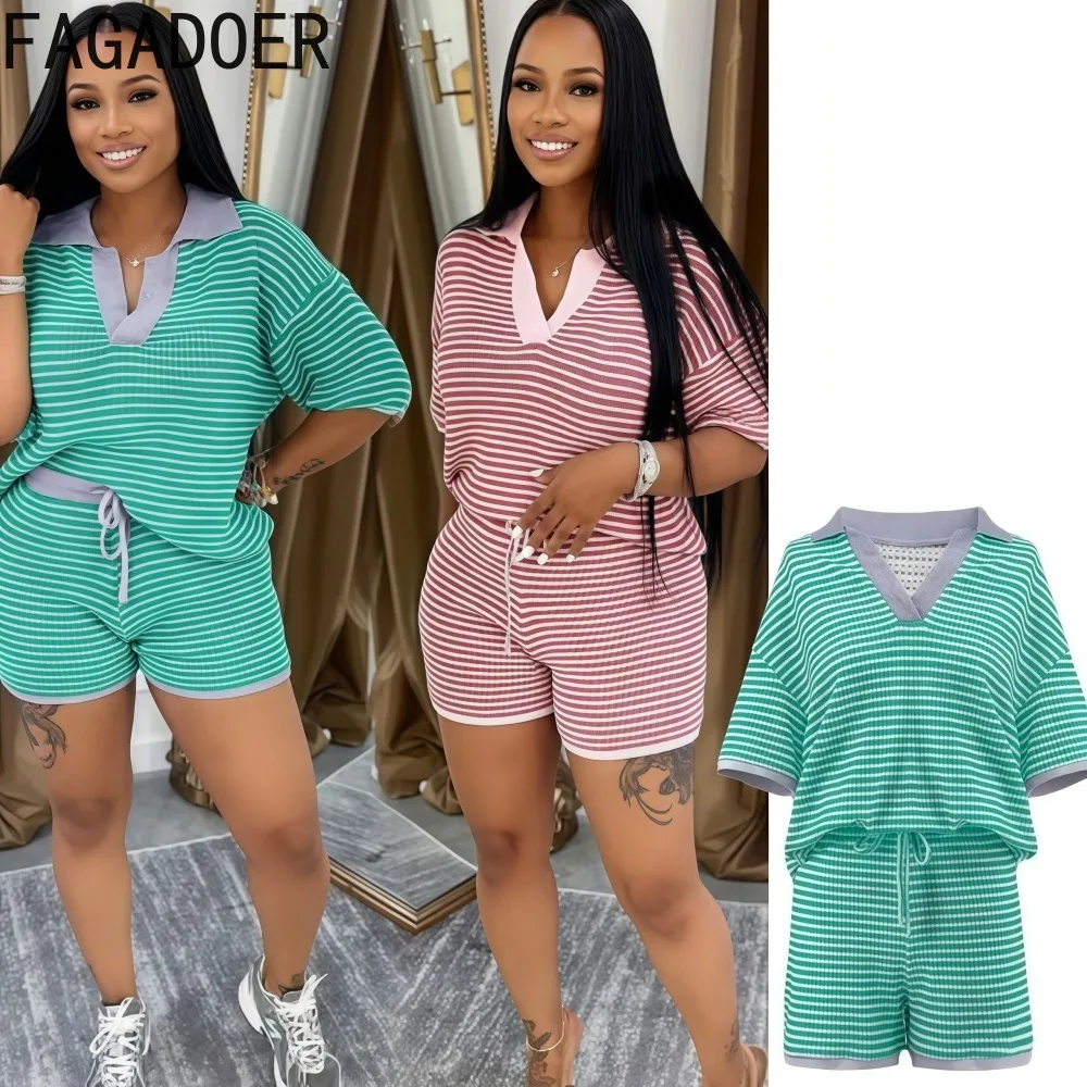 

FAGADOER, осенний новый модный вязаный женский комплект из 2 предметов, наряд с глубоким v-образным вырезом в полоску, лоскутный топ и шорты, костюм, женская уличная одежда