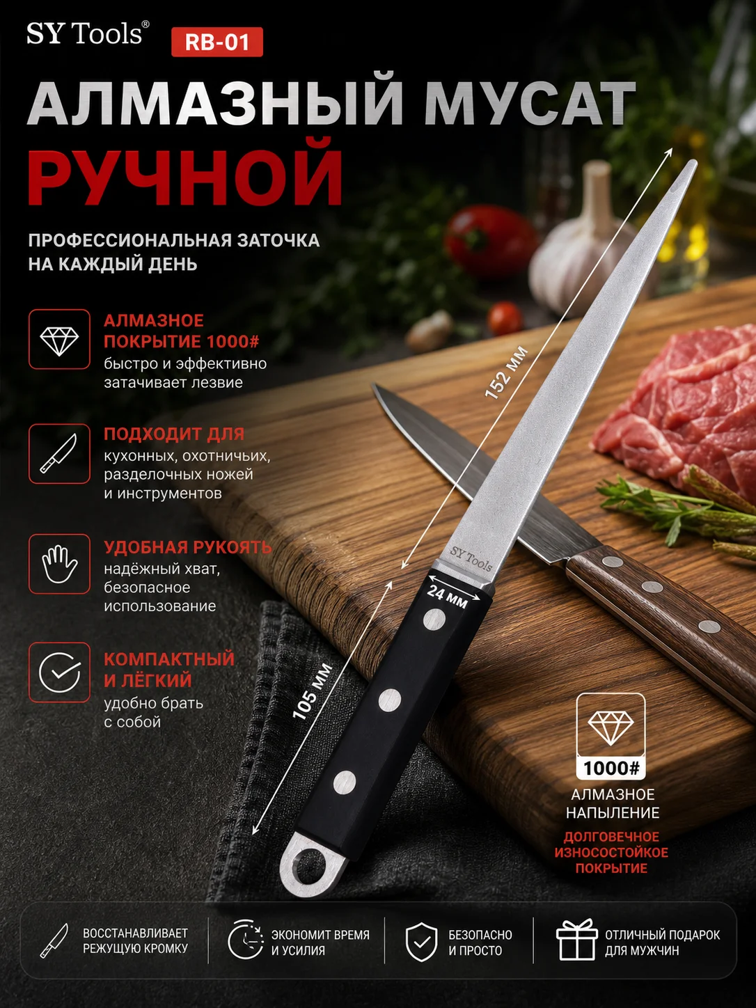 Sy Tools Diamond Sharpening Rod 1000 Grit – Portable Manual Knife Sharpener with Ergonomic Handle – Quick Edge Restoration