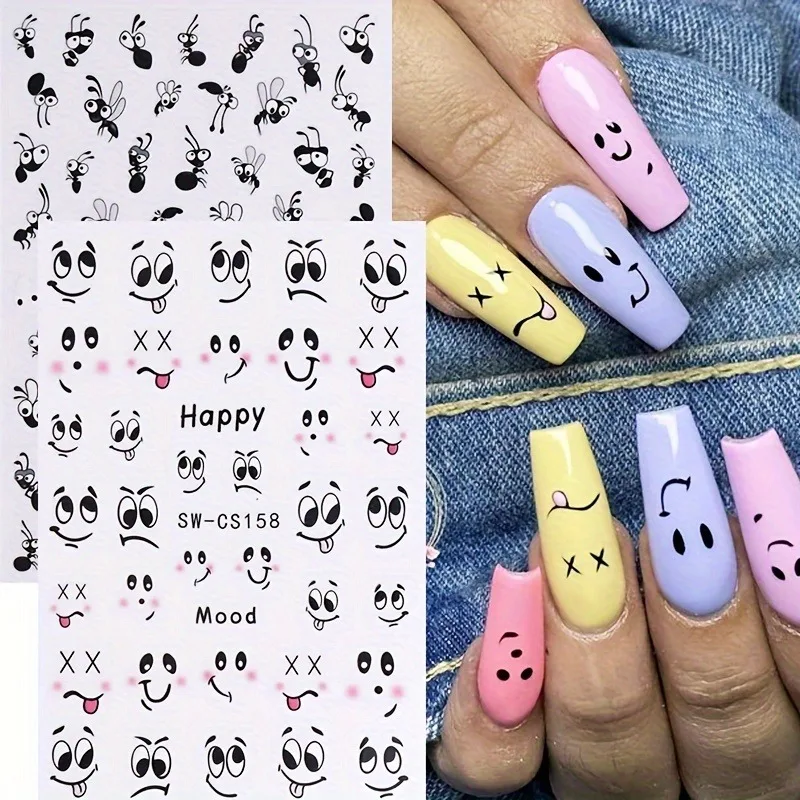    2 Stück Cartoon-Gesichts- und Ameisen-Mücken-Nagelaufkleber, einfach für DIY-Nageldekoration, Geschenke, Party- und Hochzeits-Make-up-Styling geeignet