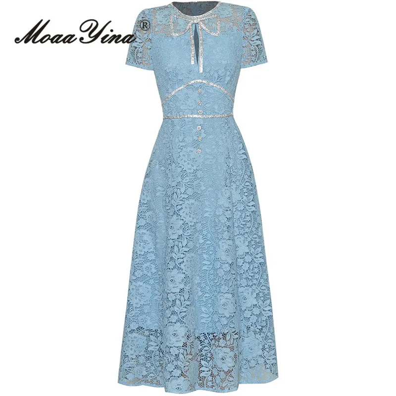 

MoaaYina Fashion Design Summer Women’s Dress Lace Short-Sleeved Crystal Beading Hollow Out Elegant Gorgeous Dresses